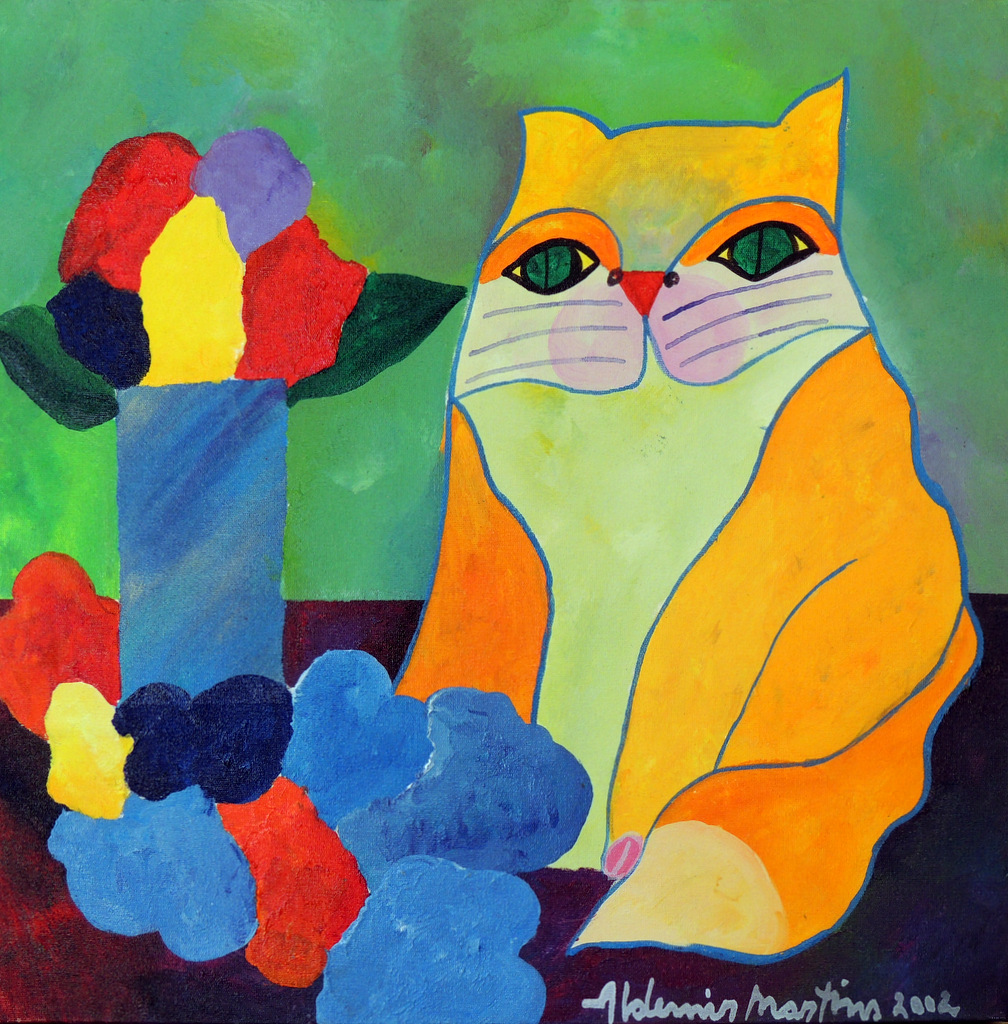 Aldemir Martins - Gato Amarelo com Flores e Vaso - AST - 40 X 40 cm