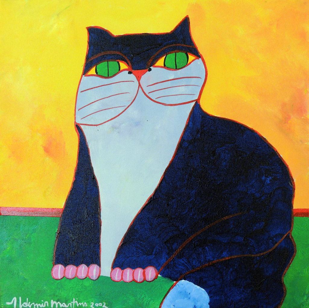 Aldemir Martins - Gato Azul Escuro com Fundo Amarelo 2002 - AST - 40 X 40 cm