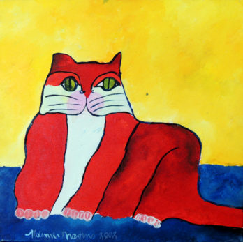 Aldemir Martins - Gato Vermelho com Fundo Amarelo e Azul - AST - 40 X 40 cm