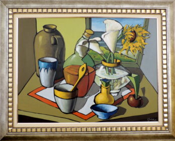 Márcio Schiaz - Composição com Copos de Leite e Girassol - OST - 60 X 80 cm (2003)