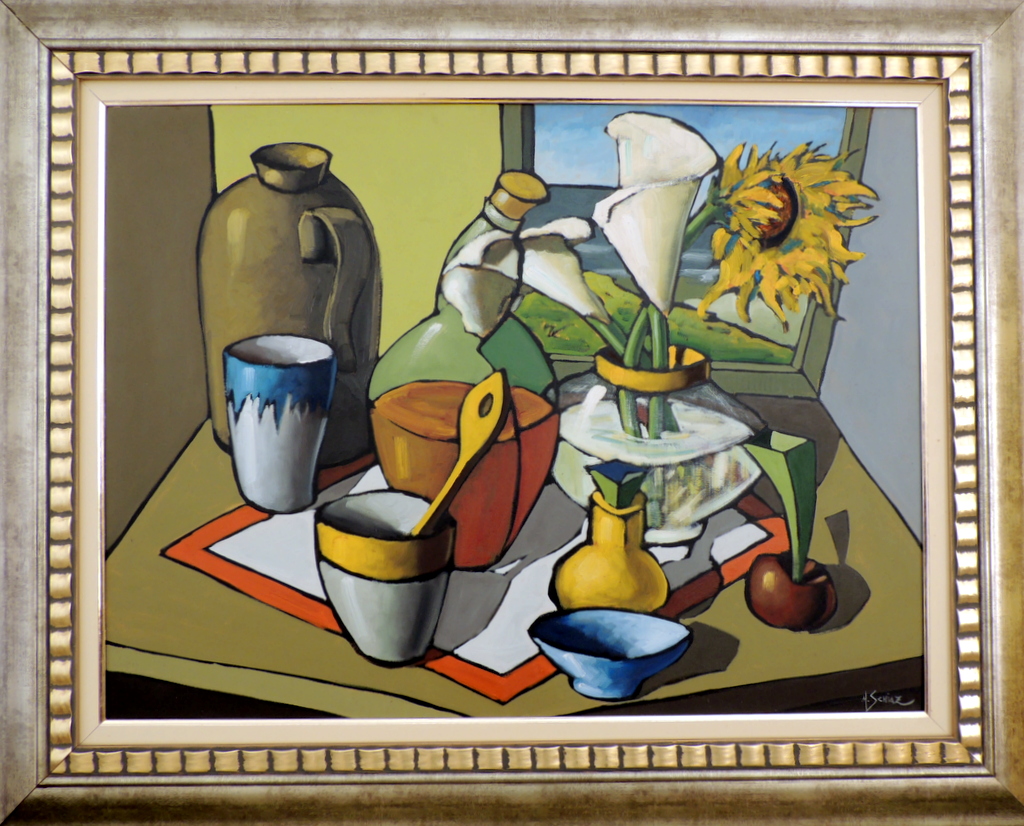 Márcio Schiaz - Composição com Copos de Leite e Girassol - OST - 60 X 80 cm (2003)