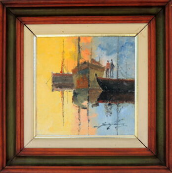 Sansão Pereira - Marinha com Barcos e Figuras - OSJ - 30 X 30 cm